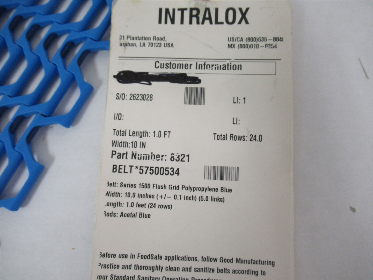 Intralox 57500534; Series 1500 Belt 10"W 1'L  (24 Rows)