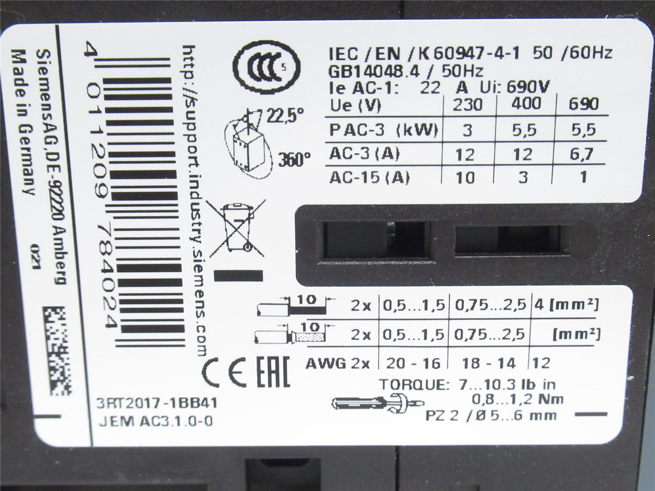Siemens 3RT2017-1BB41; Contactor 3P; 12A; 400VAC; Coil: 24VDC