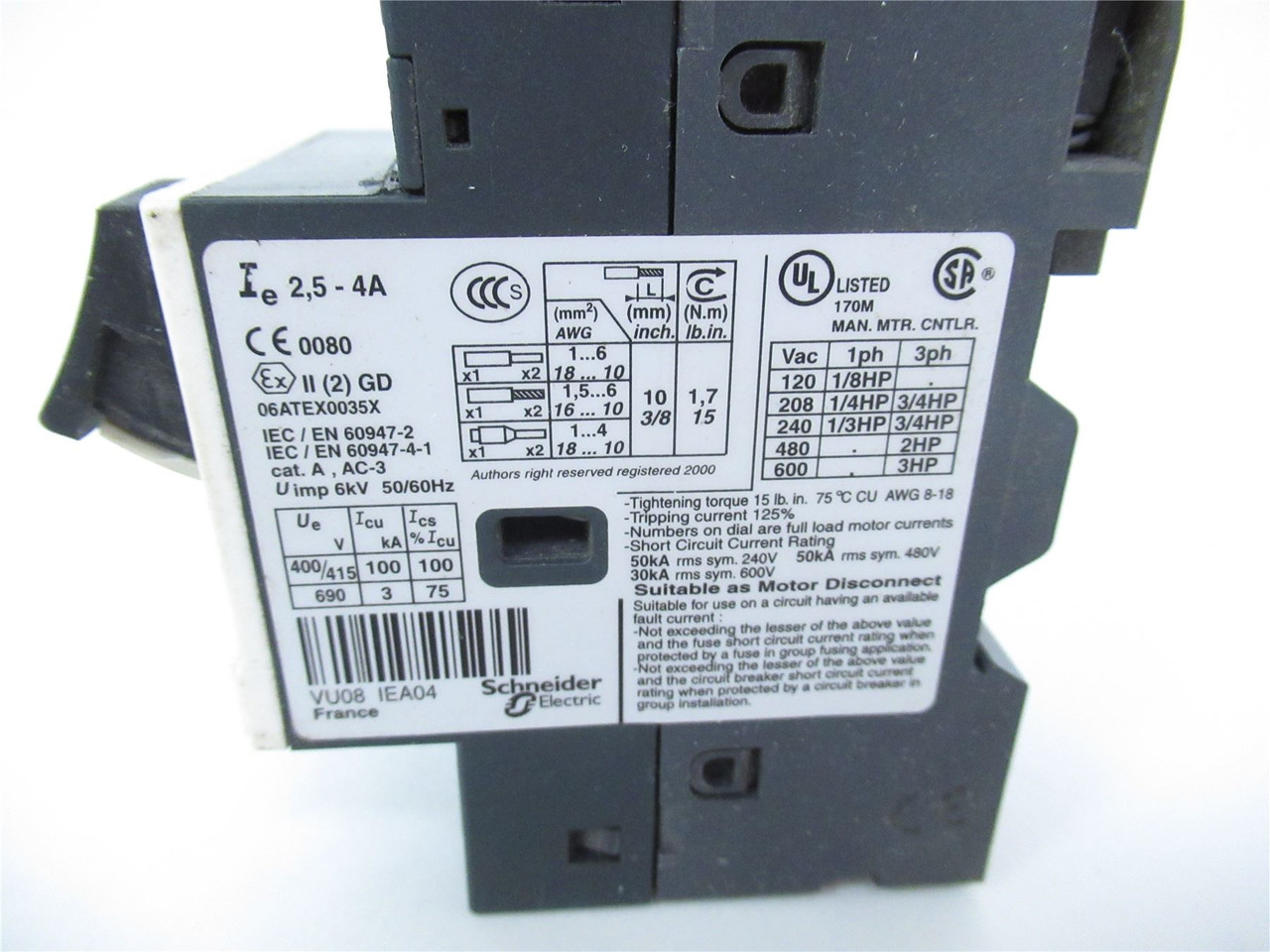 Telemecanique GV2ME08/2.5-4A; Manual Starter 2.5-4A 3-P 690V