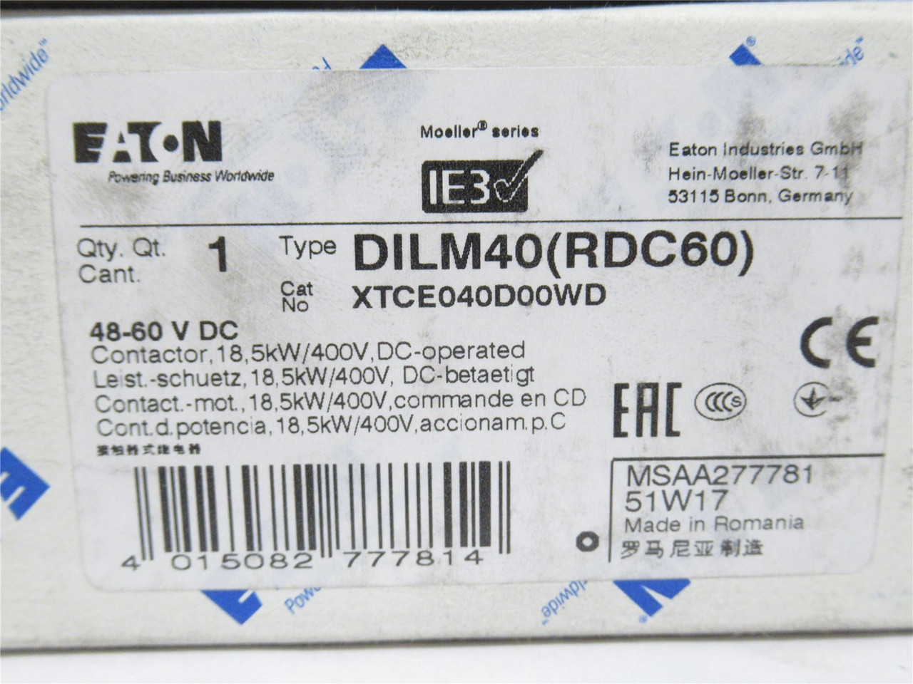 Eaton XTCE040D00WD; Contactor 40A; 3P; 600VAC; Coil: 48-60VDC