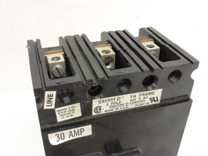 Square D FAL3603015M; Circuit Breaker 30A 3P; 240VAC (Missing 2 lugs)