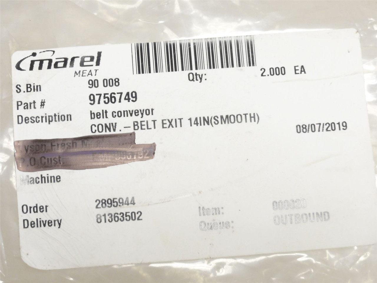 Marel 9756749; Guided Smooth Conveyor Belt 14" W x 36" Long