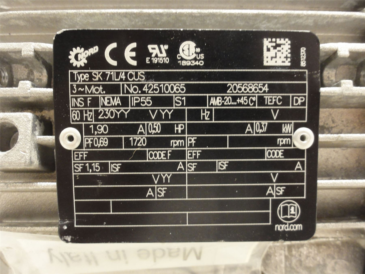 Nord SK711/4CUS; Motor 1/2HP; 230VAC; 1720RPM; 3Ph; 1.9A; 60HZ