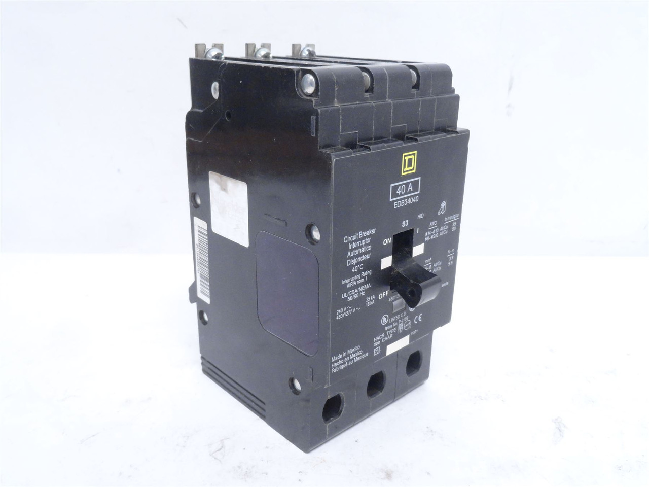 Square D EDB34040; Bolt-On Circuit Breaker 40A; 3P; 277/480VAC