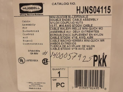 Hubbell HJNS04115, Mini-Quick Male/Female Cable Assy, 15' Long