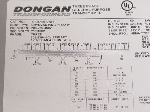 Dongan 76-9-1382SH; Transformer; GP; 208-460VAC; 9kVA