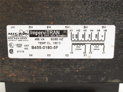 Micron Control B455-0180-5F; Control Transformer 455VA