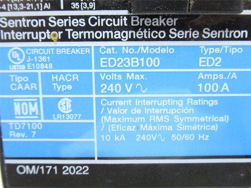 Siemens ED23B100; Circuit Breaker;100A; 3 Pole; 240VAC