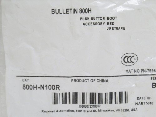Allen-Bradley 800H-N100R; Push Button Boot; Red