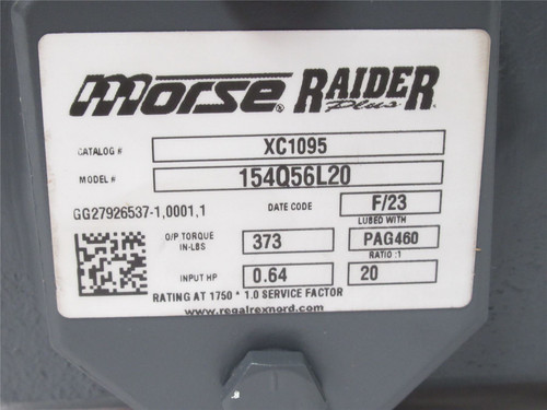 Morse 154Q56L20; XC1095 Gearbox; 20:1 Ratio; 0.64HP; 1750RPM