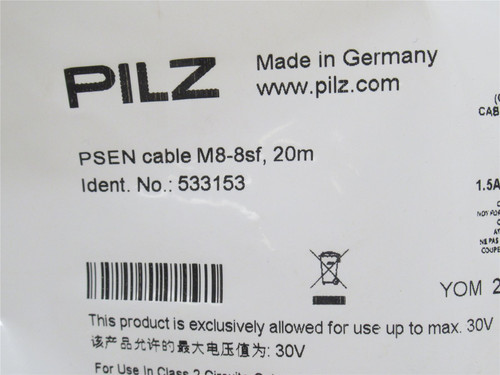 Pilz 533153; Connection Cable; M8-8sf; 20m Long; 8-Pin