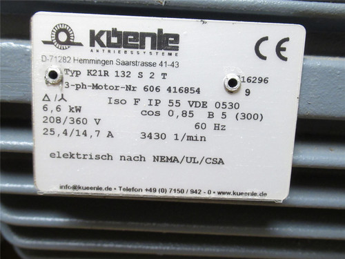 Koenie K21R 132 S 2 T; AC Motor 6.6kW; 208/360V; 3430RPM; 3PH