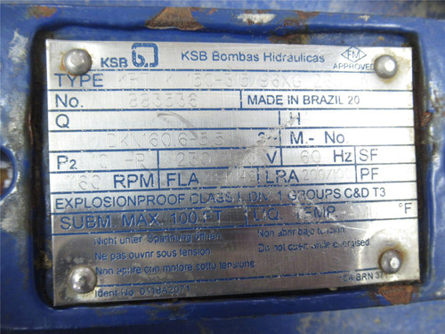 KSB Bombas 883536; Waste Pump; 10HP; 230/460VAC; 1160RPM; 6" ID