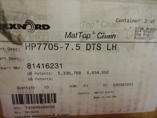 Rexnord HP7705-7.5 DTS LH; MatTop Chain 81416231 10ft x 7-1/2"W