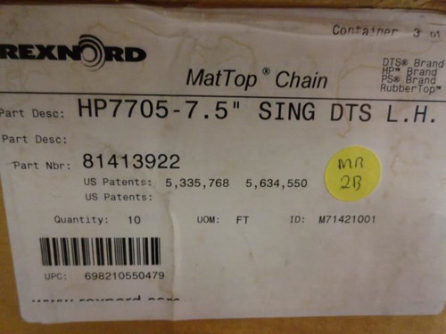 Rexnord HP7705-7.5" SING DTS L.H.; MatTop Chain total of 10-ft