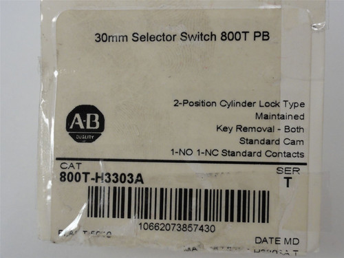 Allen-Bradley 800T-H3303A; Selector Switch 1NO/1NC 2 Position Allen-Bradley 800T-H3303A; Selector Switch 1NO/1NC 2 Position
