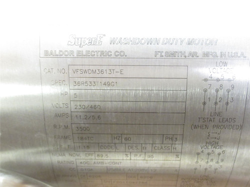 Baldor VFSWDM3613T-E; AC Motor SS; 5HP; 230/460V; 3500RPM; 3PH