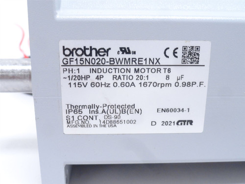 Brother GF15N020-BWMRE1NX; AC Gear Motor 1/20HP; 20:1 Ratio