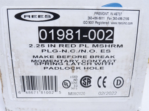 Rees 01981-002; Mushroom Head Push Button; 10A; 600VAC