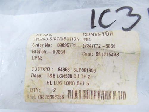 Blackburn LCN500; Lot-2 Copper 2-Hole Lug 500 kcmil 1/2"Hole