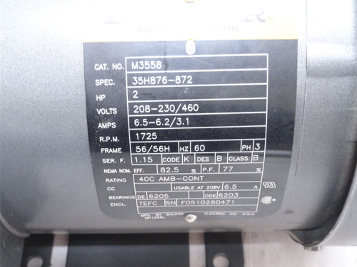 Baldor M3558; AC Motor 2HP 208-230/460VAC 1725RPM 3PH