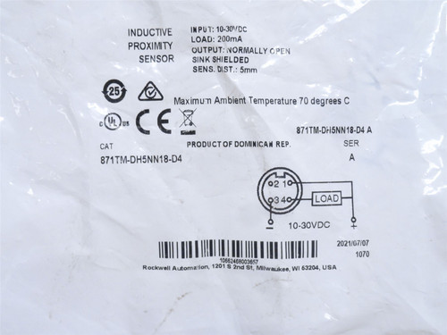 Allen-Bradley 871TM-DH5NN18-D4; Prox Sensor; 10~30VDC; 200mA