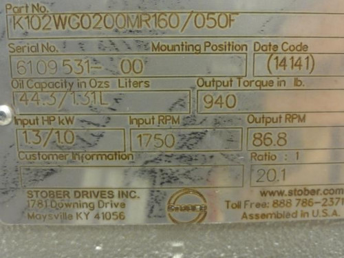 Stober K102WG0200MR160/050F; Helical Gearbox; 20:1 Ratio