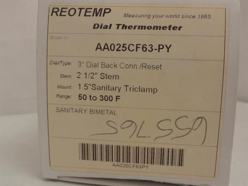Reotemp AA025CF63-PY; Thermometer; SS; 50-300Deg; 3" Dial