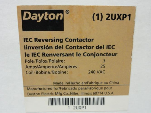 Dayton 2UXP1; Reversing Contactor 25A 3-Pole 600V Coil: 240V