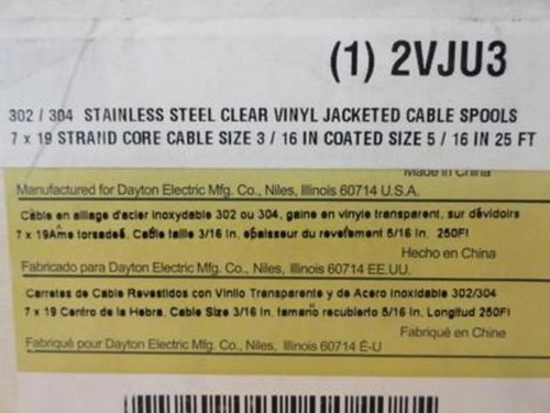 Industry-Std 2VJU3; Cable 25Ft; 3/16" OD; 7X19; SS