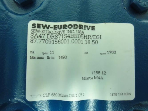 SEW SA47DRS71S4BE05HR/DH; Gearmotor; 158.12:1 Ratio; 11/1700RPM