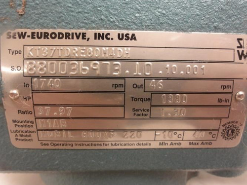SEW KT37TDRE80M4DH; Gearmotor; 37.97:1 Ratio; 1Hp; 230/460V