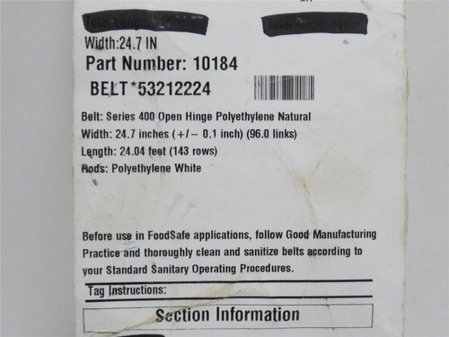 Intralox S400-24.7-24; Open Hinge Flat Top Belt 24.7"W x 24'L