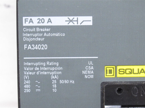 Square D FA34020; Circuit Breaker; 3P; 20A; 480VAC