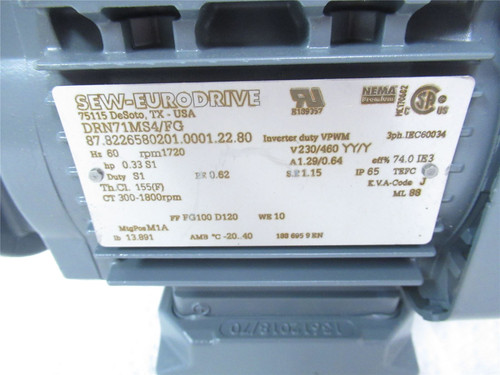 SEW DRN71MS4/FG; AC Motor .75 HP 230/460VAC 300-1800rpm