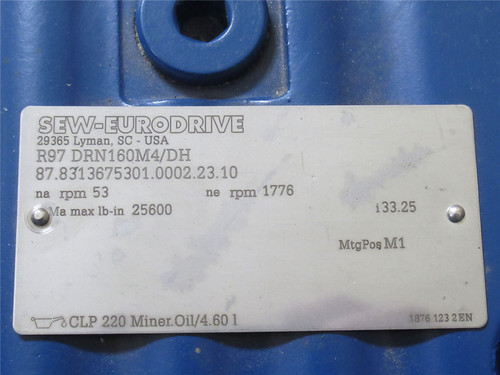 SEW R97DRN160M4/DH; AC Gearmotor 33.25:1 Ratio; 15HP; 230/460V