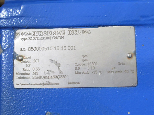 SEW R107DRS180LC4/DH; AC Gear Motor; 8.56:1 Ratio; 40HP; 460V