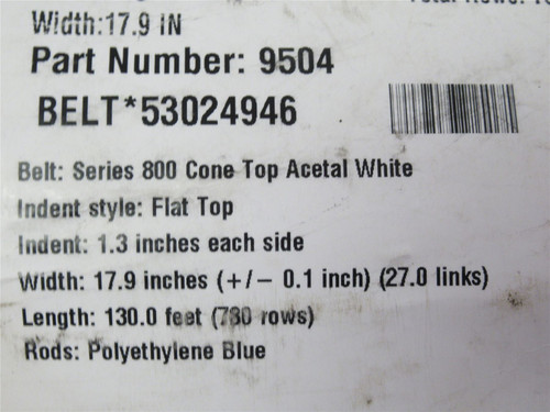 Intralox 9504-18; Series 800 Belt; Cone Top 17.9"W x 18'L