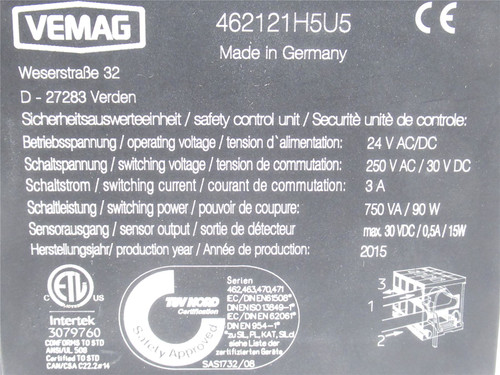 Vemag 462121H5U5; Safety Relay Sensor; 250VAC Switching; 3A