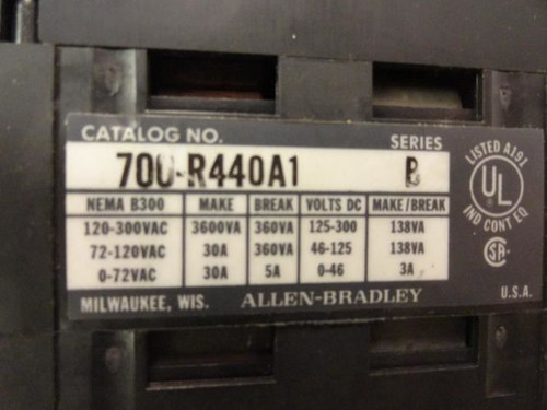 Allen-Bradley 700-R440A1; AC Relay; Only 2 Contacts Installed