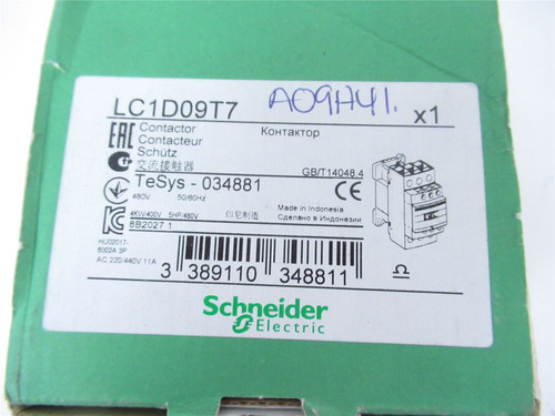 Schneider LC1D09T7; IEC Contactor 9A 480VAC; Coil 80VAC