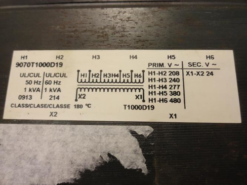 Square D 9070T1000D19; Industrial Control Transformer 1KVA