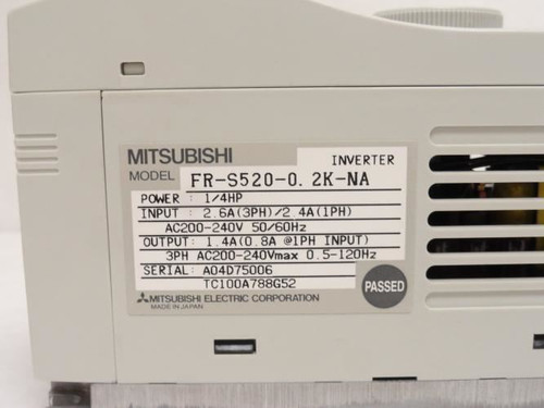 Mitsubishi FR-S520-0.2K-NA; Inverter 1/4Hp 200-240VAC; 2.6/2.4A