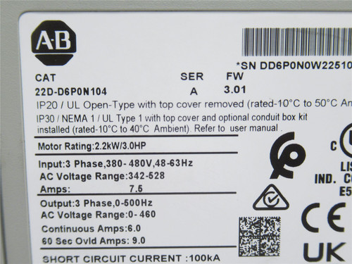 Allen-Bradley 22D-D6PON104; AC Drive; 3HP; 6A; 380-480V; 3Ph