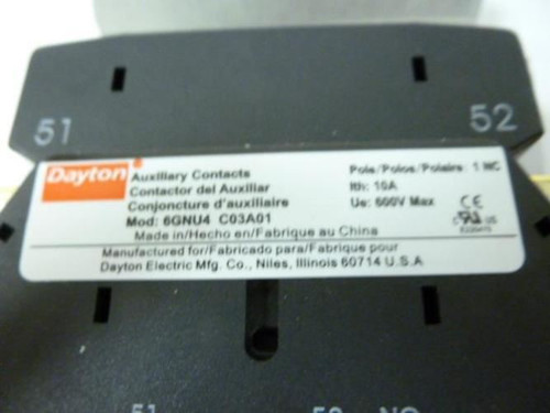 Dayton 6GNU4; Auxiliary Contact; 10A 600V