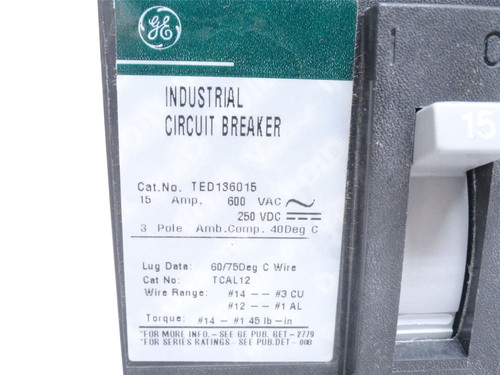 GE TED136015; Circuit Breaker; 15A; 3P; 600VAC/250VDC