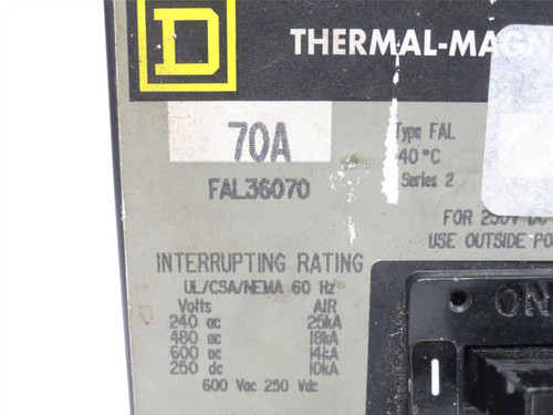 Square D FAL36070; Circuit Breaker 70A 3P 600VAC (Missing 1 Lug)