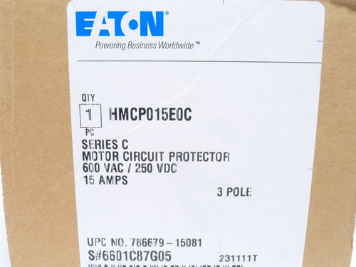 Eaton HMCP015E0C; Circuit Breaker; 15A; 3P; 600VAC/250VDC