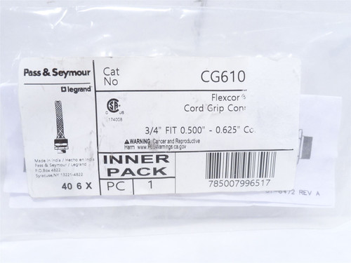P and S CG610; Strain Relief Cordgrip cable .5-.625"; 3/4NPT