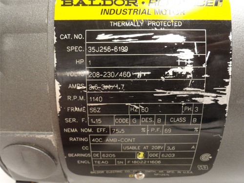 Baldor 35J256-6199; AC Motor 1HP 208-230/460V 1140RPM 3PH